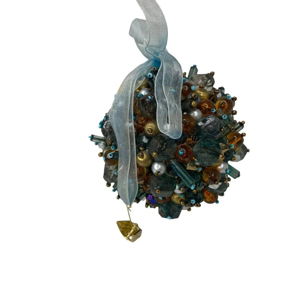 Vintage Handcrafted‎ Multicolor Beaded Push Pin Ornament Ribbon Bow Christmas 4